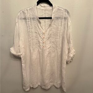 CP Shades Linen Pink Tuck White Button-Up Women's Tunic Top - Size XL